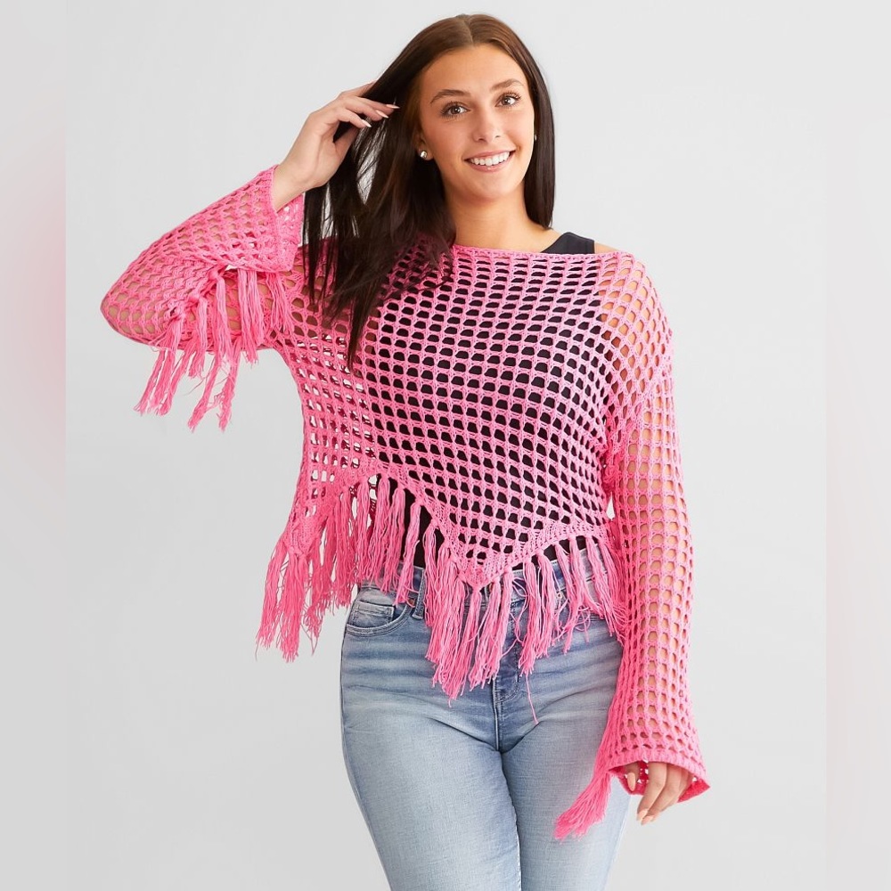 Baevley Open Knit Pink Fringe Sweater